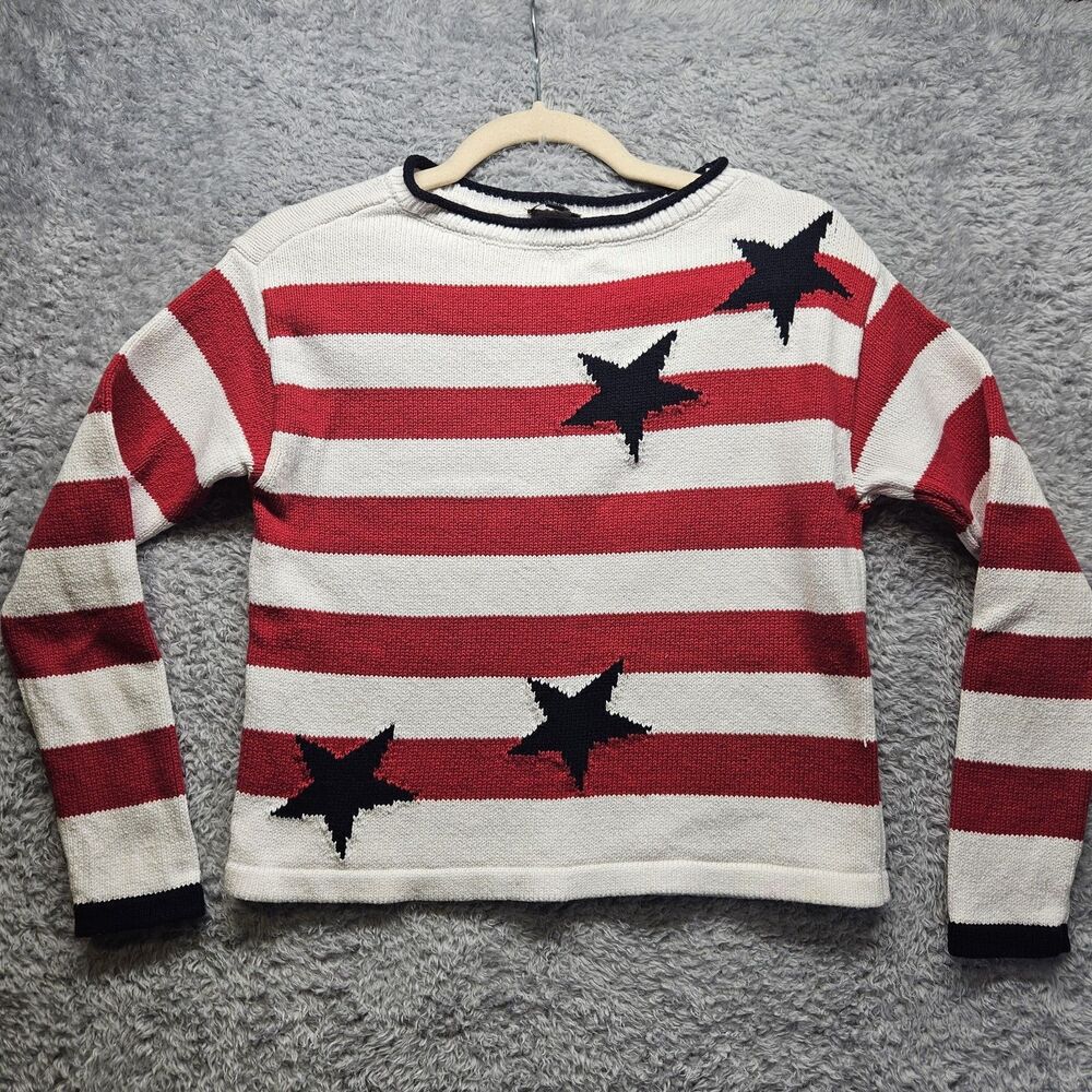 Talbots Sweater White Red Stripes Size XS Petite Patriotic Stars Nautical USA